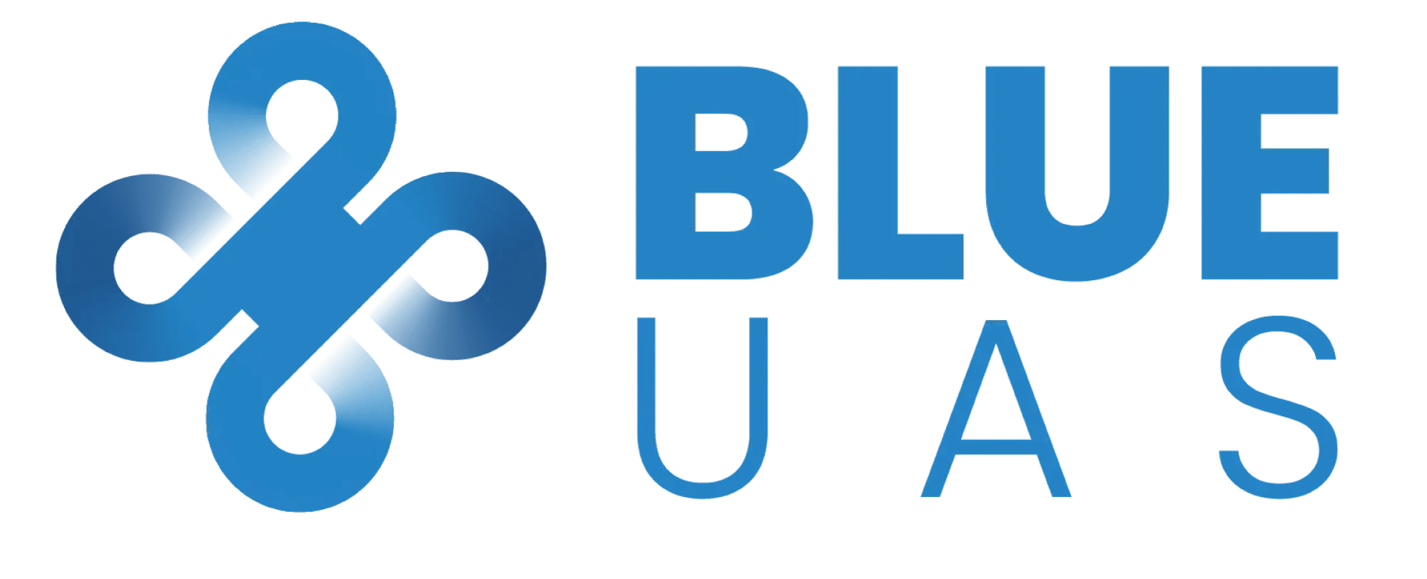 Logo with a blue abstract knot symbol on the left, and the words BLUE UAS in bold blue letters on the right, with BLUE above UAS on a light background.