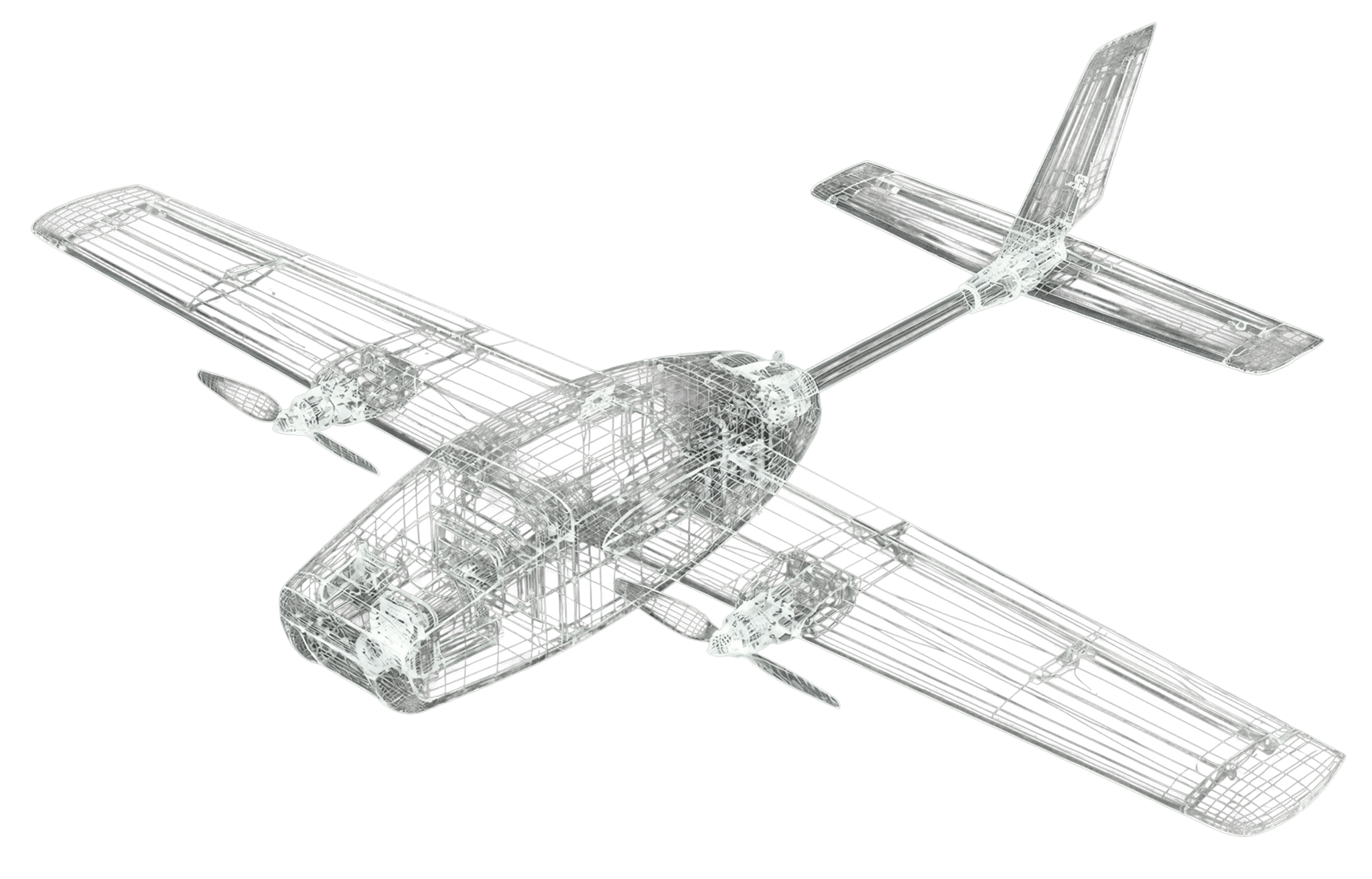 Wireframe model of a twin-engine propeller airplane, viewed at an angle from above, showing detailed internal and external structural lines on a black background.